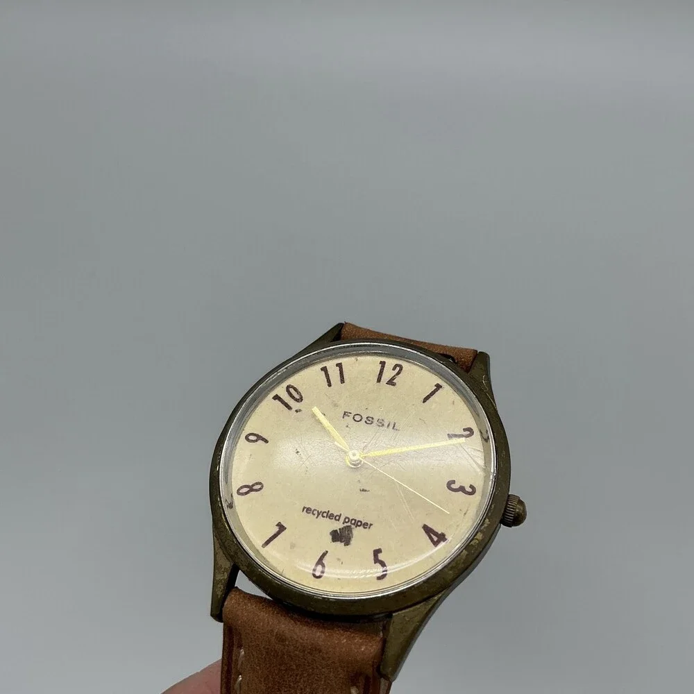 Fossil Unisex Watch 34mm Cream Recycled Paper Dial Brown Leather New Battery
